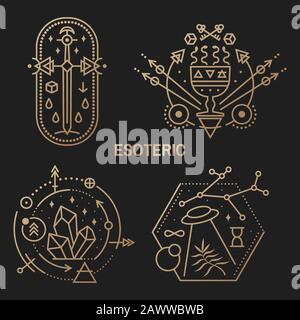 Symboles ésotériques dorés. Vecteur. Écusson géométrique à fines lignes. Icône de contour pour l'alchimie ou la géométrie sacrée. Mystic et design magique avec cristaux, soleil, vol ovni, étoile, vieille épée, tasse avec serpents et lune Illustration de Vecteur