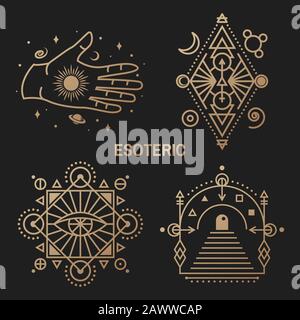 Symboles ésotériques dorés. Illustration vectorielle. Écusson géométrique à fines lignes. Icône de contour pour l'alchimie ou la géométrie sacrée. Mystic, design magique avec oeil, main, étoile, porte à un autre monde, lune Illustration de Vecteur