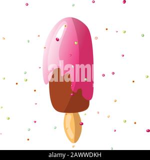 Illustration vectorielle mignonne de sundae de crème glacée au chocolat sucré avec de la glace aux fraises ou aux cerises. Glaçage aux fruits sur la glace au chocolat noir sur le bâton avec Illustration de Vecteur