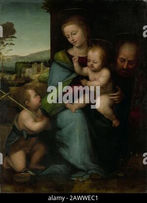 FRA Bartolomeo - de heilige familie met de kleine Johannes. Banque D'Images