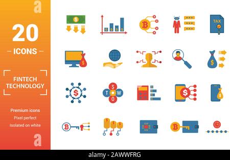 La technologie Fintech icon set. Inclure des éléments créatifs, revenu de base, la technologie bitcoin kyc, prêt en ligne, modèle d'icônes. Peut être utilisé pour Illustration de Vecteur