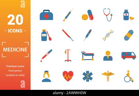 Médicament icon set. Inclure des éléments créatifs sac médical, pilules, mélange, ADN, icônes pipette. Peut être utilisé pour rapport, présentation, dessin, web Illustration de Vecteur