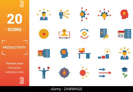 L'icône de la productivité. Inclure des éléments créatifs, de compétences de gestion du temps, la pause-café, de plan de travail, tâches quotidiennes d'icônes. Peut être utilisé pour rapport Illustration de Vecteur