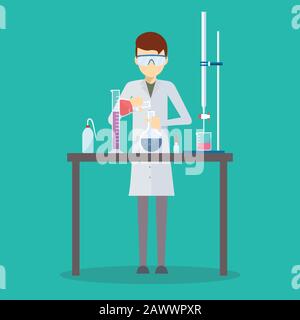 Conception vectorielle d'un scientifique dans son laboratoire de chimie Illustration de Vecteur