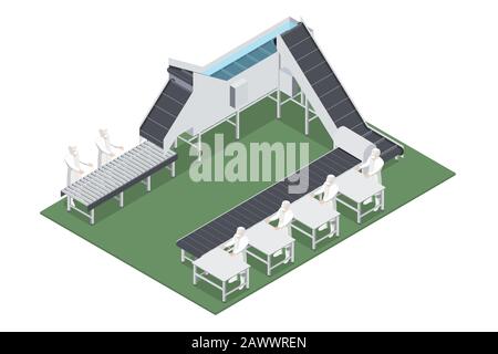 Ligne de production alimentaire industrielle avec équipement et machines automatisés.Illustration vectorielle des machines et des travailleurs travaillant Illustration de Vecteur