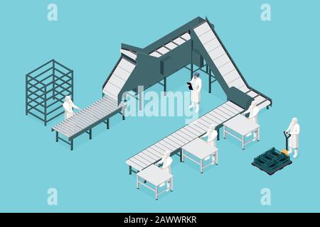 Ligne de processus dans l'usine alimentaire isométrique.Industrie alimentaire Illustration de Vecteur