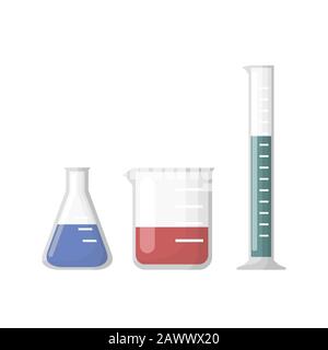 Équipement de laboratoire chimique, flacon Erlenmeyer, bécher et tube à essai Illustration de Vecteur
