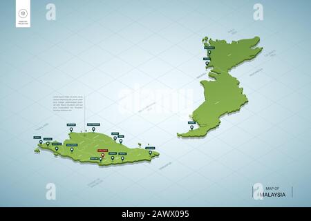 Carte stylisée de Malaisie. Carte verte isométrique tridimensionnelle avec villes, frontières, capitale Kuala Lumpur, régions. Illustration vectorielle. Les calques modifiables sont clairement pratiques Illustration de Vecteur