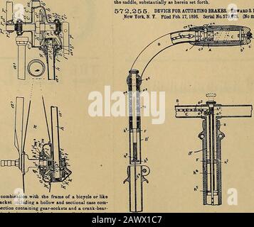 La revue du commerce de la roue et du vélo . 508,954. montant de selle, agencé de manière démontable en diagonale de ce cadre, aor bar projetant de ce montant de selle, un clip reliant le pour - tube ou barre d'id avec le tube supérieur du cadre, une tonne de ce tube ou barre et adapté pour glisser tlby ledit manchon, Un levier fumié sur le tube supérieur et i a du châssis de te-tionaire, et l'entraînement de l'arbre de manivelle pro- ith deux crttok.fi sur les côtés opposés, respectivement: Des deux leviers d'appui de pédale à extension en position opérée, aux extrémités :ar, avec les différentes manivelles, respectivement; deux barres pivotantes vertf- Claw* Banque D'Images