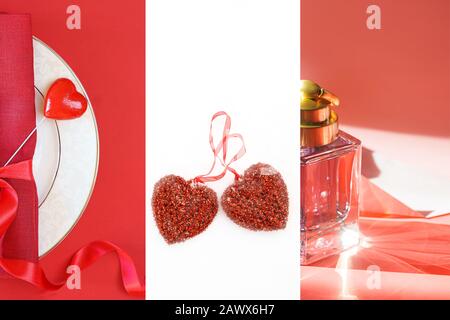 Mode Saint Valentin avec accessoires féminins sur fond rouge et blanc classique. Noël nouvel an, concept de fête de la Saint-Valentin. Couche plate, espace de copie. Banque D'Images