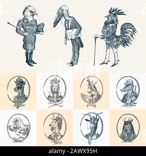 Jeu de caractères animaux. Bald Eagle Rooster Stork Walrus Crocodile Goat Dog Donkey Alpaga Llama Deer. Portrait dessiné à la main. Esquisse monochrome gravée Illustration de Vecteur