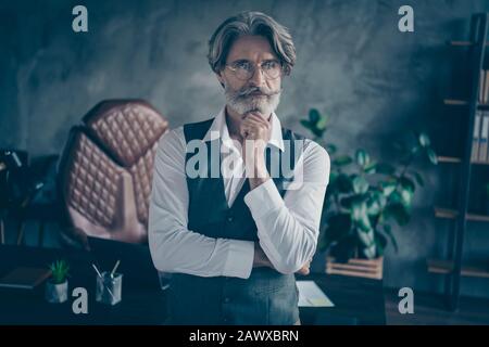 Portrait rapproché de son sympathique chic élégant et réussi expérimenté homme à poil gris expert spécialiste de requin pensant toucher le menton au loft moderne Banque D'Images
