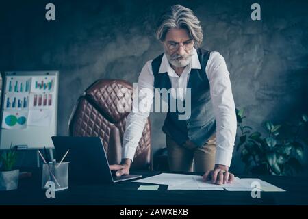 Portrait de son sympathique chic et tendance, chic et animé expérimenté homme à poil gris spécialiste de la recherche de documents à la brique moderne loft Banque D'Images