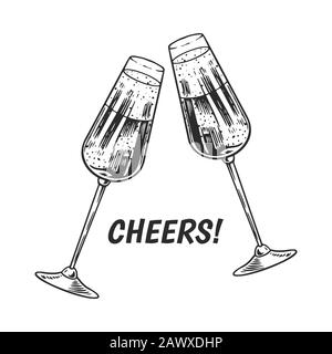 Toast santé. Verres Clink de champagne ou de vin mousseux à portée de main. Concept de célébration. Boisson alcoolisée au raisin. Badge vintage. Éclaboussures d'alcool Illustration de Vecteur