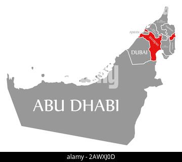 Sharjah rouge mis en évidence sur la carte des Émirats arabes Unis Banque D'Images