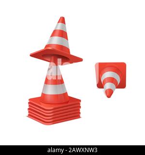 Vector set réaliste de route en plastique cônes dans diverses positions. Illustration de Vecteur