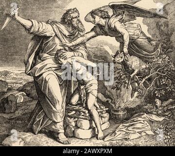 Genèse. Le Sacrifice D'Isaac. Abraham offrande à son fils Isaac comme sacrifice à Dieu. En raison de son obéissance, Dieu l'a libéré de son vow et l'a placé Banque D'Images