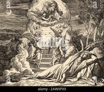 Genèse. Jacob rêve qu'il y avait une échelle reposant sur la terre dont l'extrémité supérieure atteint jusqu'au ciel et les anges de Dieu l'ont monté et baissé. Banque D'Images