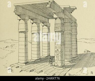 L'architectes le passé.--le pré-envoyé . Fig. I, - Plan dun templeegyptien. T;AR( IIiriCTCKH KN KOVrTK, KN ( IIILI)I:H KT KN PERSF 15 incmc programme. (Comme ûdificcs se compositeur de trois parties :une première cour entourage de portraits, destination à la loule etdans laquelle par une fenêtre porte, flanquée de deuxpvlones; à la suite inie grande salle servée aux initiés; enfin lesanciaire, où séjour lole et nup. Len-. Fig. 2. — perspective dune galerie de temple Égyptien. Le plus grand est fermé par un mur continu qui niche percé daucuneuverture. Ces trois partis distanin Banque D'Images