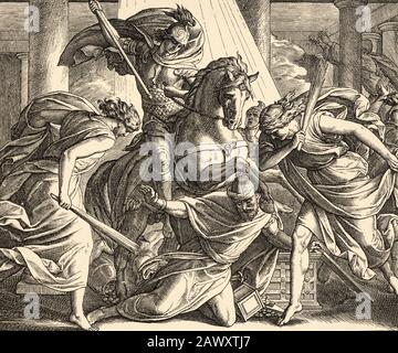 L'impieux Heliodorus envoyé par Sleuco est puni dans le temple. Livre Maccabees. Histoire biblique sacrée ancien Testament. Ancienne gravure Banque D'Images