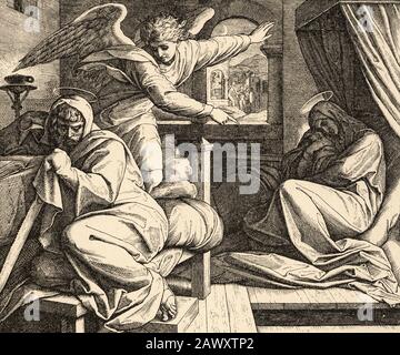 L'avertissement de l'ange. Un ange avertit Joseph de sauver l'enfant. Matthieu livre, l'histoire sacrée biblique du Nouveau Testament. Ancienne gravure Banque D'Images