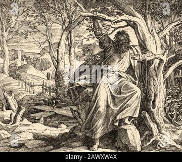 Désespoir de Judas. Judas Iscariot le traître se pend dans un arbre. Matthieu livre, l'histoire sacrée biblique du Nouveau Testament. Ancienne gravure Banque D'Images
