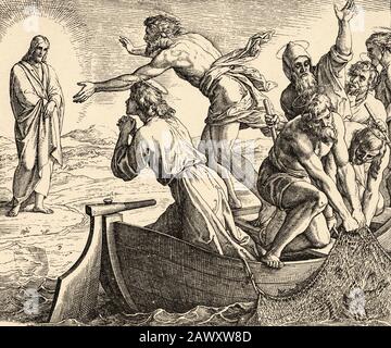 L'apparence au lac. L'apôtre Pierre se jette dans la mer pour aller avant la rencontre de Notre Seigneur Jésus, fils de Dieu. John livre Banque D'Images