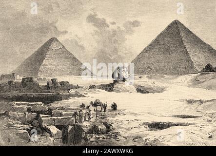 Le Sphinx et les pyramides de Giza, ancien empire égyptien. Egypte. Ancienne illustration de gravure du livre Histoire universelle par Oscar Jager 1890 Banque D'Images