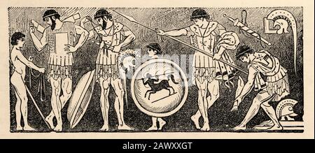 Image de vase grenier, les guerriers grecs se préparent, temps des guerres persanes 500-449 BC. Grèce ancienne histoire. Ancienne illustration de gravure du Banque D'Images