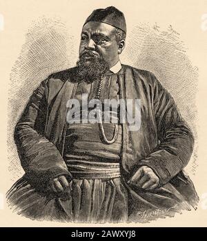 Portrait de Mulai Tayeb, shérif de Wezzan, Afrique du Nord. Ancienne illustration de gravure du livre Nueva Geografia Universal par Eliseo Reclus 1889 Banque D'Images