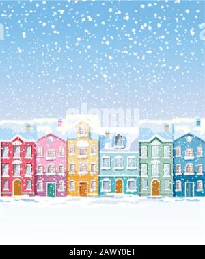 Les bâtiments urbains colorés d'hiver couverts de neige blizzard. Couleurs éclatantes. Vue de face. Vecteur Illustration de Vecteur