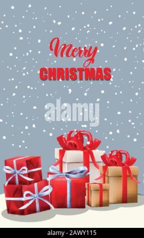 Joyeux Noël rouge boîtes cadeaux avec ruban. Feuilles de sapin vert. Fond enneigé. Vecteur Illustration de Vecteur