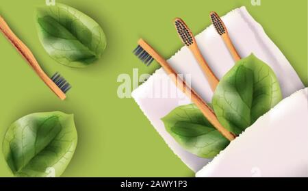 Brosse à dents en bambou avec feuilles vertes sur serviette blanche. Arrière-plan coloré. Produits écologiques vectoriels Illustration de Vecteur