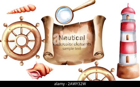 Éléments nautiques aquarelle avec carte du Trésor, phare, roue de bateau, coque et loupe. Placer pour le texte. Vecteur Illustration de Vecteur