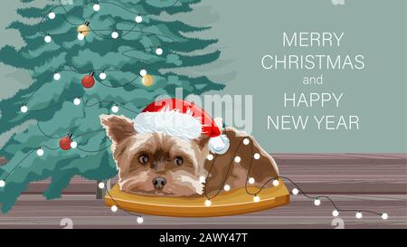 Chien Yorkshire Terrier assis sur une table en bois. Sapin de Noël avec boules et lumières de fées. Vecteur des vacances d'hiver Illustration de Vecteur
