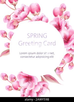 Carte de vœux printanière avec fleurs sakura en aquarelle. Cadre circulaire pour le texte. Vecteur Illustration de Vecteur