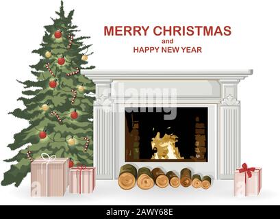 Joyeux noël composition avec cheminée, arbre vert, bois et cadeaux. Vecteur de vacances de nouvelle année Illustration de Vecteur