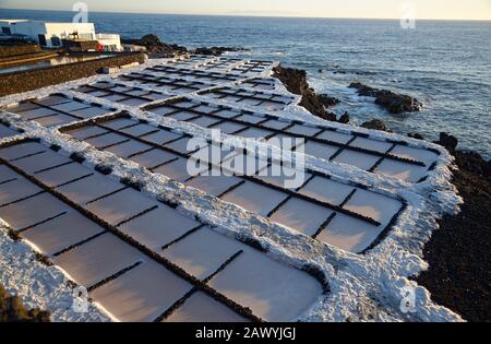 Salines. Évaporation de l'eau de mer pour laisser du sel pur. Salinas De Fuencaliente, L'Île De La Palma, Canaries. Banque D'Images