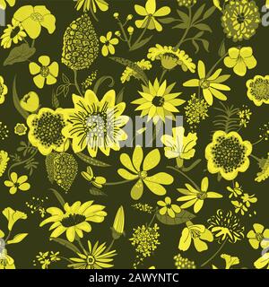 variété jaune de fleurs modèle vectoriel sans couture sur un fond sombre Illustration de Vecteur