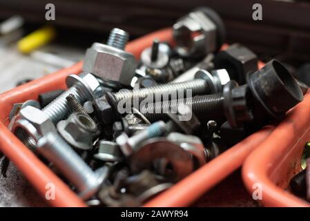 différents types de vis dans une boîte en plastique Banque D'Images
