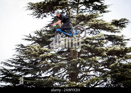 Le pilote BMX sautant dans l'air avec un arbre en arrière-plan lors d'un événement de démonstration au festival de vitesse Goodwood 2018. Banque D'Images