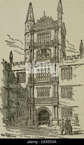 Guide d'Oxford d'Alden : avec une annexe intitulée 'Old Oxford', et une nouvelle carte . f grand intérêt. Ci-joint se trouve l'Apodytérium, ou la salle de robing, utilisée aussi comme salle de la Cour de Chancellors : elle contient des portraits de fin des Lords Eldon et Stowel. De retour à l'école de Divinité, nous entrons dans le beau Quadrangle de 5. Les écoles, 1439, reconstruit 1613-18. Bien que le roomson du rez-de-chaussée conserve encore sur leurs portes les noms des facultés, ils ont longtemps cessé d'être utilisés pour les enseignants; mais l'examen public des étudiants a été porté ici jusqu'en 1882, quand l'ouverture du nouvel Ex Banque D'Images