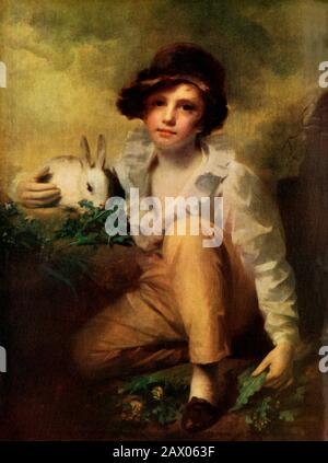 'Garçon avec lapin', c1814, (1924). Henry Raeburn Inglis, godson et petit-fils de l'artiste est montré avec un bras protecteur autour d'un lapin. Huile sur toile. De "Henry Raeburn - Cassell's Gems of Art", par T.C.F. Brotchie. [Cassell &Amp; Company, Limited, Londres, 1924] Banque D'Images