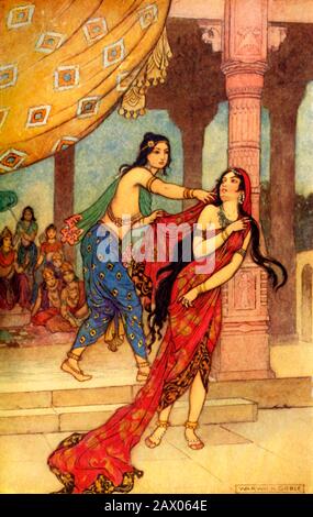 'L'Ordeal De La Reine Daupadi', 1913. Draupadi est jalonné dans un pari de jeu par Yudhishthira et devient un esclave de Duryodhana, protégé de l'humiliation supplémentaire par Krishna lui-même. De « mythe indien et légende », par Donald A. Mackenzie. [The Gresham Publishing Company Limited, Londres, 1913] Banque D'Images