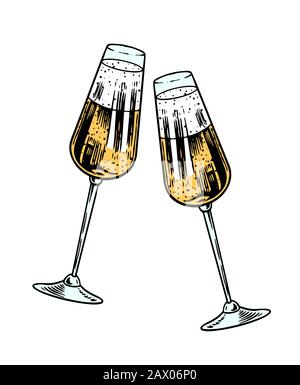 Toast santé. Verres Clink de champagne ou de vin mousseux à portée de main. Concept de célébration. Boisson alcoolisée au raisin. Badge vintage. Éclaboussures d'alcool Illustration de Vecteur