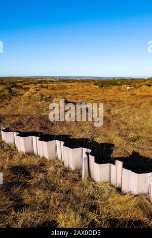 Les barrages en plastique utilisés sur Kinder Scout dans le parc national du Peak District pour soulever la table d'eau, créer des piscines de landes et mouiller à nouveau la tourbière de couverture Banque D'Images