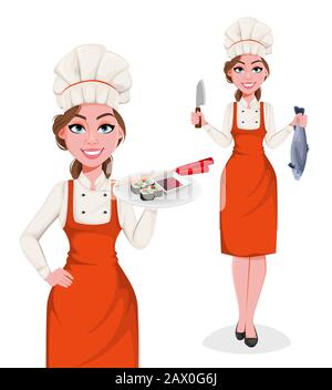 Belle jeune chef femme préparant des rouleaux de sushi. Jolie dame cuisinier dans un tablier et un chapeau professionnels. Illustration vectorielle de stock Illustration de Vecteur