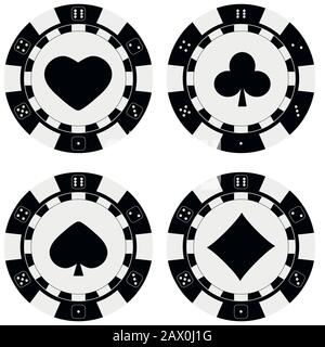 Jetons de poker noir et blanc avec carte convient aux coeurs, aux pique, aux diamants, aux clubs. Illustration de Vecteur