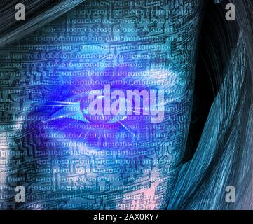 Cyborg femme visage. Code binaire et schéma de carte de circuit imprimé Banque D'Images