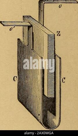 Traité élémentaire sur les batteries électriques . Fig. 5 Fig. 5 afin d'utiliser les deux côtés du cuivre et la moitié onlythe de la surface du zinc. Mais comme le zinc est soumis à une action locale ou à des déchets, sa taille doit être réduite à cette quantité qui est nécessaire pour maintenir le loyer requis. D'autre part, il n'y a pas de désavantage quoi qu'il en augmente la surface immergée du cuivre, car ce métal n'est pas attaqué par l'acide dilutesulfurique. Il y a, nous le répétons, un avantage dans la réduction de la face sur du zinc autant que possible; pour quand la batterie n'est pas utilisée et le e Banque D'Images